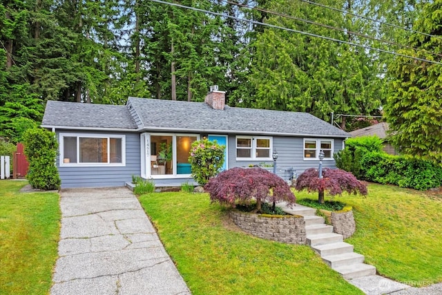 14817 Fremont Ave N, Shoreline, WA 98133 - single story home with a chimney, a front yard, and roof with shingles