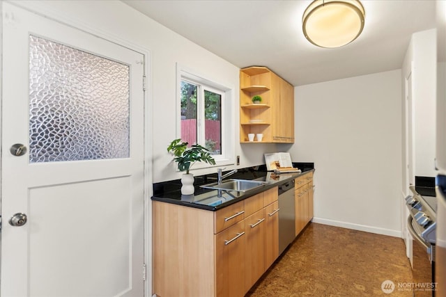 14817 Fremont Ave N, Shoreline, WA 98133 - kitchen with dishwasher, a sink, dark countertops, open shelves, and stove