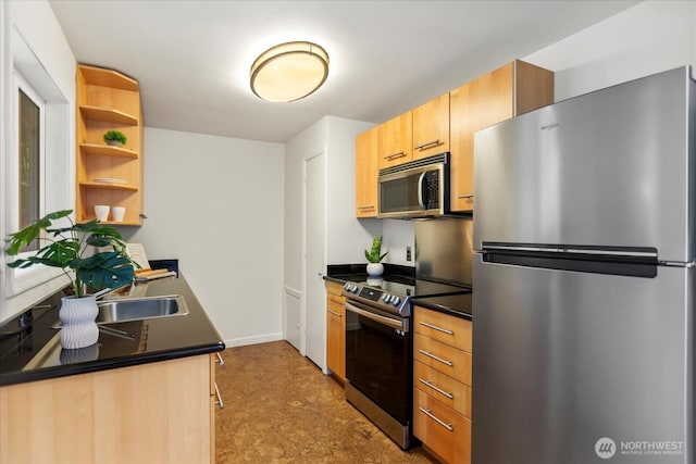 14817 Fremont Ave N, Shoreline, WA 98133 - kitchen with appliances with stainless steel finishes, dark countertops, open shelves, tile patterned floors, and baseboards