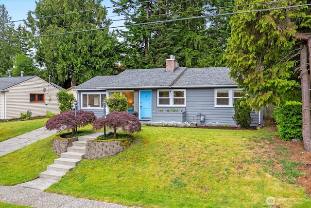 14817 Fremont Ave N, Shoreline, WA 98133 - ranch-style home featuring a chimney, a front yard, and a shingled roof