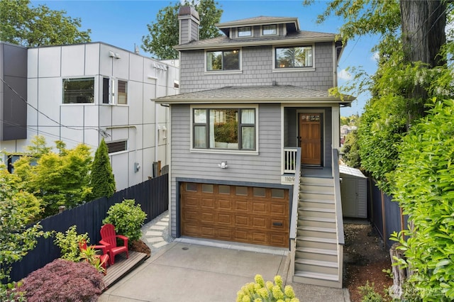 1109 30th Ave S, Seattle, WA 98144 - american foursquare style home with driveway, a garage, a shingled roof, and a chimney
