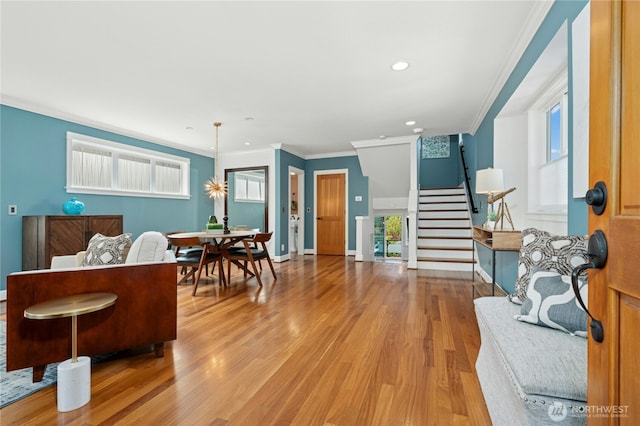 1109 30th Ave S, Seattle, WA 98144 - living area with wood finished floors, stairway, crown molding, baseboards, and recessed lighting