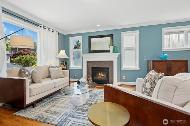 1109 30th Ave S, Seattle, WA 98144 - living room featuring wood finished floors, plenty of natural light, ornamental molding, a glass covered fireplace, and baseboards