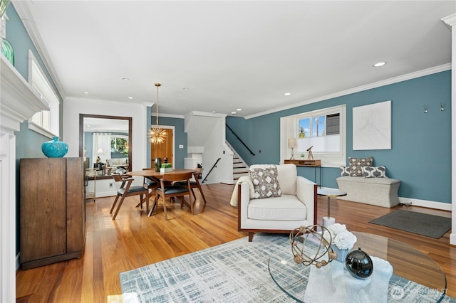 1109 30th Ave S, Seattle, WA 98144 - living room with stairway, light wood-type flooring, recessed lighting, and crown molding