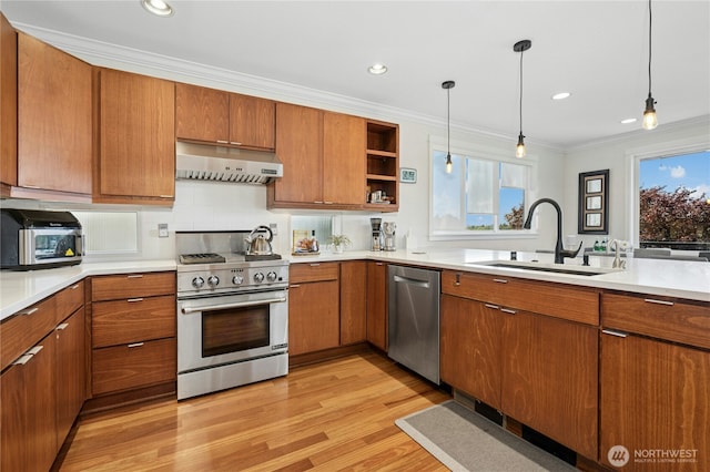 1109 30th Ave S, Seattle, WA 98144 - kitchen featuring under cabinet range hood, stainless steel appliances, a sink, healthy amount of natural light, and ornamental molding