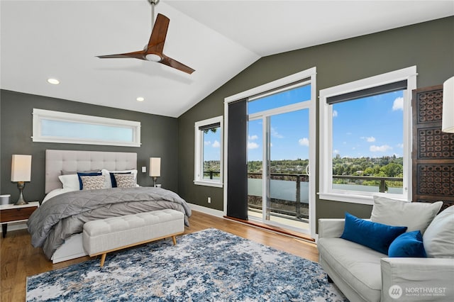 1109 30th Ave S, Seattle, WA 98144 - bedroom featuring access to exterior, vaulted ceiling, wood finished floors, recessed lighting, and a ceiling fan