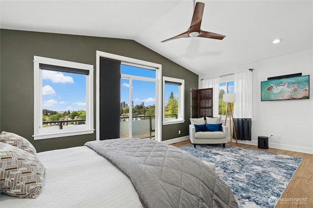 1109 30th Ave S, Seattle, WA 98144 - bedroom with vaulted ceiling, wood finished floors, baseboards, access to exterior, and ceiling fan