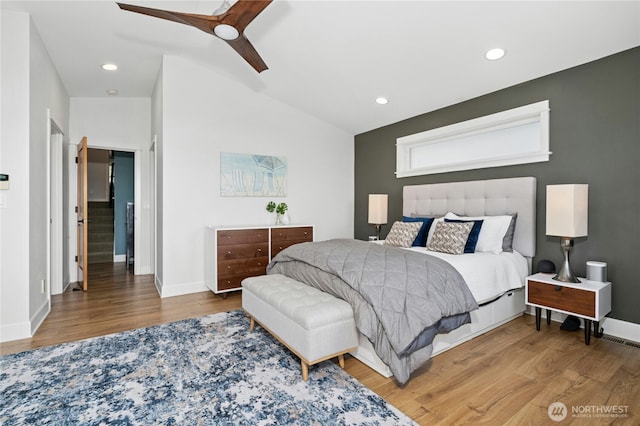 1109 30th Ave S, Seattle, WA 98144 - bedroom with wood finished floors, baseboards, lofted ceiling, recessed lighting, and a ceiling fan
