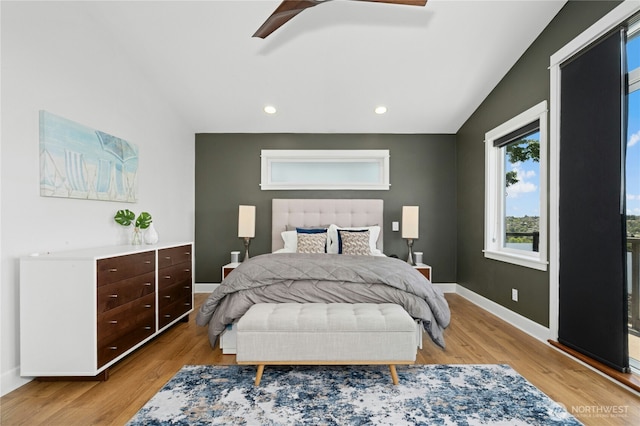 1109 30th Ave S, Seattle, WA 98144 - bedroom featuring vaulted ceiling, baseboards, wood finished floors, recessed lighting, and a ceiling fan