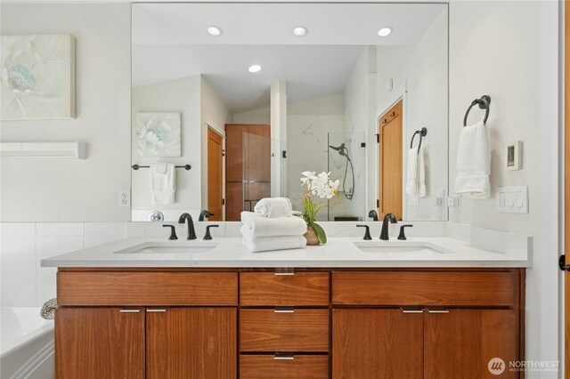 1109 30th Ave S, Seattle, WA 98144 - full bath featuring double vanity, a stall shower, a garden tub, and recessed lighting