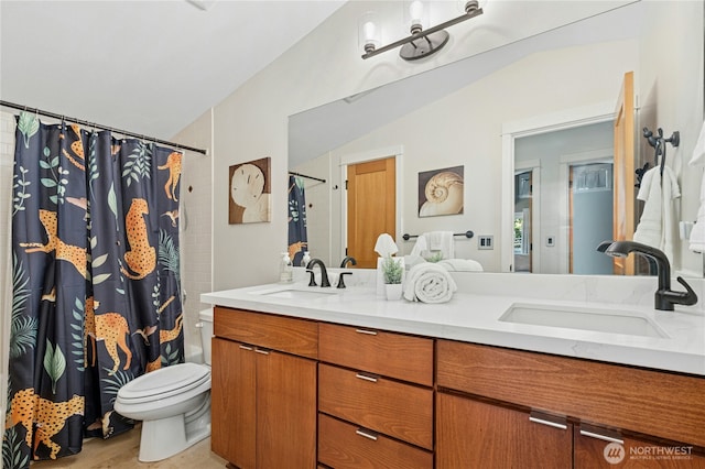 1109 30th Ave S, Seattle, WA 98144 - bathroom featuring double vanity, toilet, and curtained shower