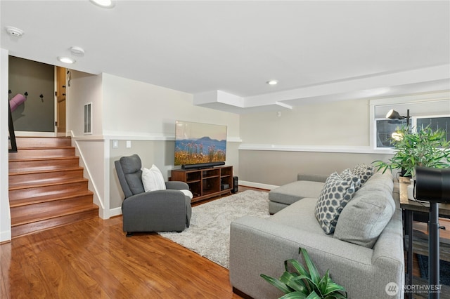 1109 30th Ave S, Seattle, WA 98144 - living area with baseboards, stairway, wood finished floors, and recessed lighting