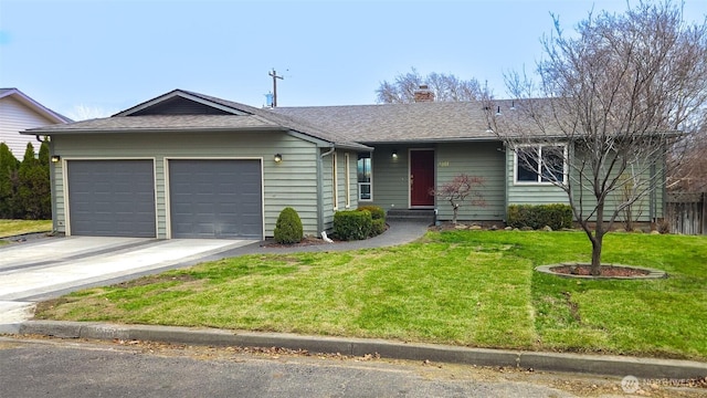 1001 Jacquelyn St, Milton-Freewater, OR 97862 - single story home featuring a garage, driveway, a chimney, a front yard, and a shingled roof
