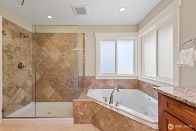 7301 NE 155th St, Kenmore, WA 98028 - bathroom featuring a tub with jets, a stall shower, vanity, and recessed lighting