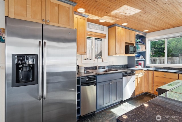 9451 E State Route 106, Union, WA 98592 - kitchen featuring appliances with stainless steel finishes, a sink, dark stone counters, open shelves, and wooden ceiling