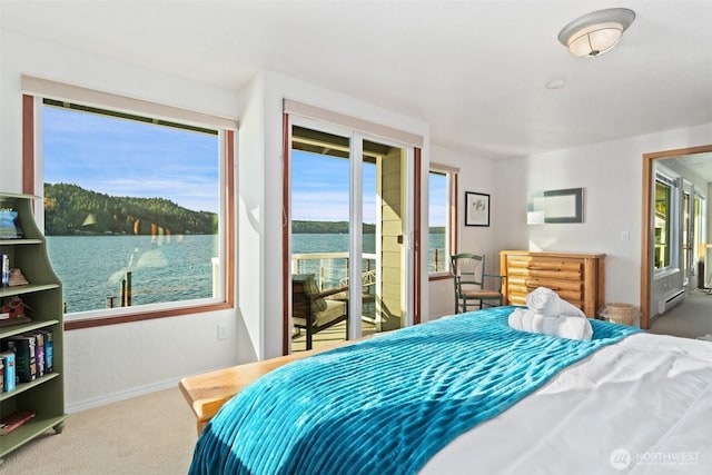 9451 E State Route 106, Union, WA 98592 - bedroom featuring carpet, access to exterior, baseboards, a water view, and a baseboard heating unit