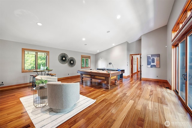 7708 Walnut St SW, Lakewood, WA 98498 - rec room featuring billiards, light wood-style flooring, vaulted ceiling, and recessed lighting