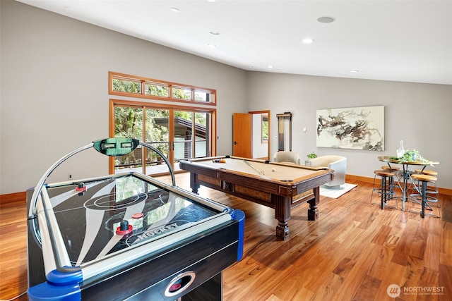 7708 Walnut St SW, Lakewood, WA 98498 - playroom with vaulted ceiling, pool table, light wood-style flooring, and recessed lighting