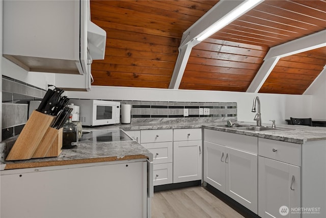 1741 NE Tahuya River Dr, Tahuya, WA 98588 - kitchen featuring white microwave, wood ceiling, a sink, white cabinetry, and light wood-type flooring