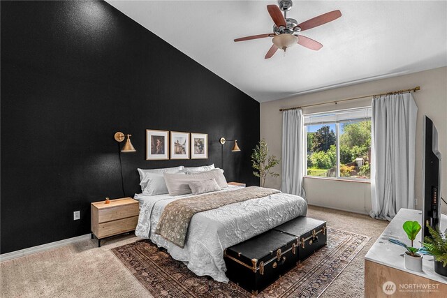 1324 Fairhaven Ave, Wenatchee, WA 98801 - bedroom featuring light carpet, high vaulted ceiling, and a ceiling fan
