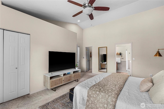 1324 Fairhaven Ave, Wenatchee, WA 98801 - bedroom with carpet flooring, high vaulted ceiling, a ceiling fan, and recessed lighting