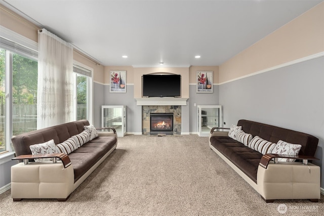 13327 SE 279th Pl, Kent, WA 98042 - carpeted living room featuring a stone fireplace, baseboards, and recessed lighting