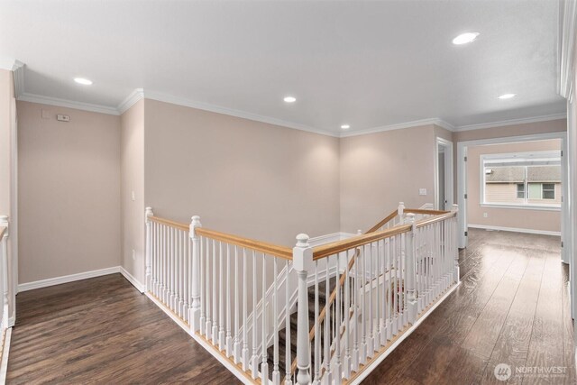 13327 SE 279th Pl, Kent, WA 98042 - hall with an upstairs landing, wood finished floors, recessed lighting, baseboards, and crown molding