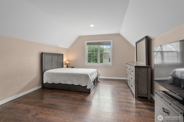 13327 SE 279th Pl, Kent, WA 98042 - bedroom featuring vaulted ceiling, dark wood-style floors, and baseboards