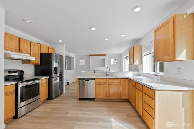 4817 SE 147th Pl, Everett, WA 98208 - kitchen featuring stainless steel appliances, under cabinet range hood, a sink, light wood-style flooring, and recessed lighting