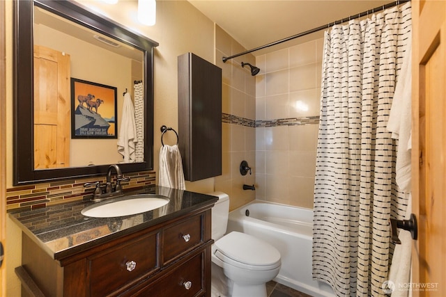 26933 NE Cherry St, Duvall, WA 98019 - bathroom featuring vanity, shower / bath combo, toilet, and tasteful backsplash