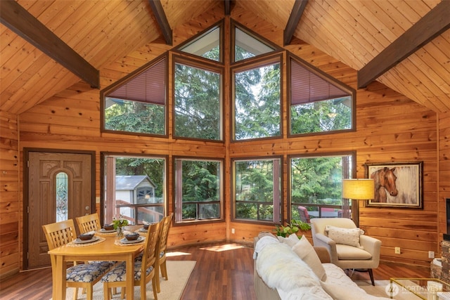 7755 NE Seawind Ave, Poulsbo, WA 98370 - living area with wood walls, wood ceiling with exposed beams, wood-type flooring, and high vaulted ceiling