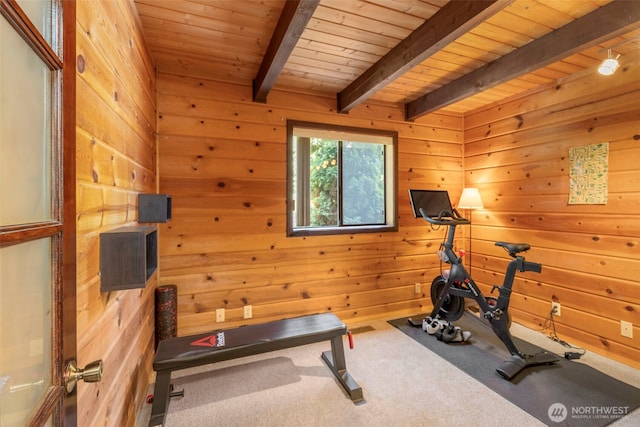 7755 NE Seawind Ave, Poulsbo, WA 98370 - workout room featuring carpet flooring, wood ceiling, and wood walls