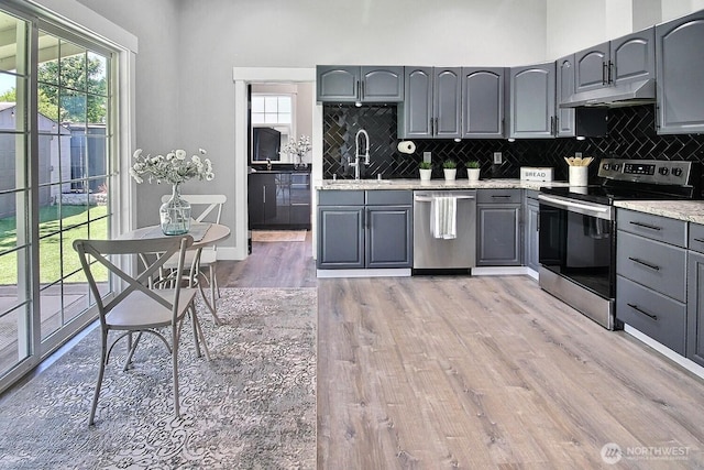 1630 Hillcrest Ave, Enumclaw, WA 98022 - kitchen featuring appliances with stainless steel finishes, gray cabinets, a sink, under cabinet range hood, and backsplash