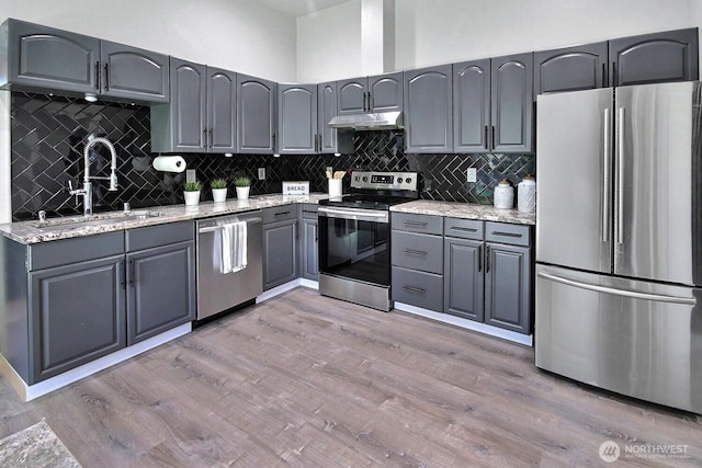 1630 Hillcrest Ave, Enumclaw, WA 98022 - kitchen featuring appliances with stainless steel finishes, a sink, gray cabinets, under cabinet range hood, and light wood-style flooring