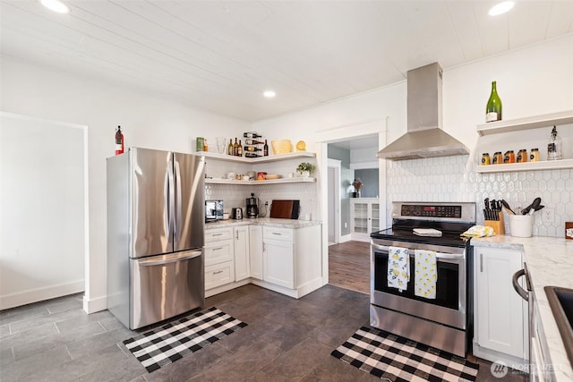 1102 Tecumseh St, Aberdeen, WA 98520 - kitchen featuring appliances with stainless steel finishes, open shelves, island exhaust hood, backsplash, and recessed lighting