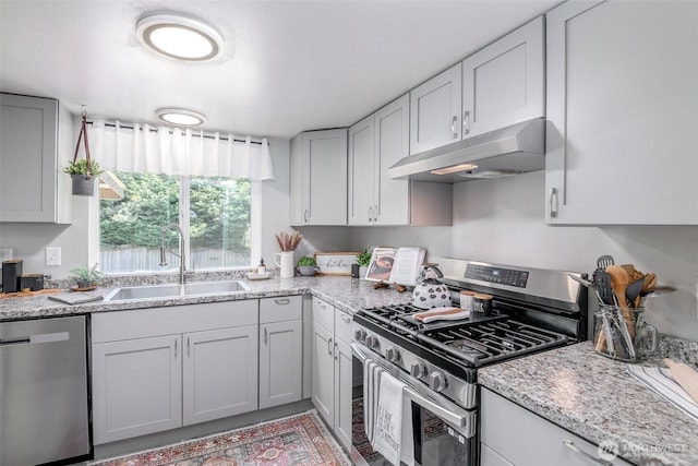 5907 N 31st St, Tacoma, WA 98407 - kitchen with appliances with stainless steel finishes, under cabinet range hood, a sink, and light stone countertops