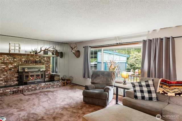 1487 Centralia Alpha Rd, Chehalis, WA 98532 - carpeted living area featuring a textured ceiling and a brick fireplace