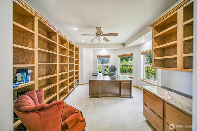8151 E Seaview Dr, Port Orchard, WA 98366 - office featuring baseboards, light colored carpet, ceiling fan, and recessed lighting