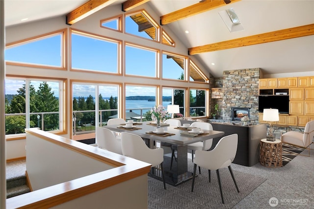 8151 E Seaview Dr, Port Orchard, WA 98366 - carpeted dining room featuring beamed ceiling, a fireplace, high vaulted ceiling, and recessed lighting