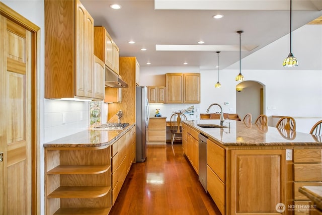 8151 E Seaview Dr, Port Orchard, WA 98366 - kitchen featuring a sink, appliances with stainless steel finishes, under cabinet range hood, dark wood finished floors, and arched walkways