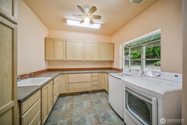 8151 E Seaview Dr, Port Orchard, WA 98366 - laundry area with washer and dryer, cabinet space, a ceiling fan, and stone finish flooring