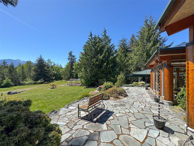 2734 Blue Mountain Rd, Sequim, WA 98362 - view of patio / terrace featuring a forest view and a mountain view