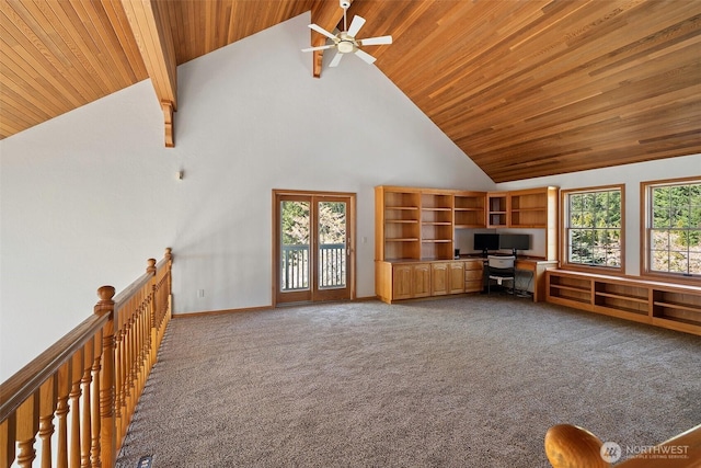 145 E Falcon Ct, Shelton, WA 98584 - unfurnished living room featuring high vaulted ceiling, wooden ceiling, ceiling fan, carpet flooring, and baseboards
