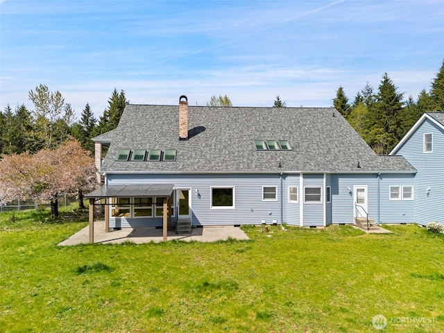 145 E Falcon Ct, Shelton, WA 98584 - rear view of property with a patio area, a chimney, and a shingled roof