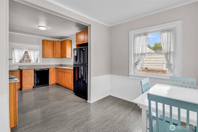 411 7th St SE, Auburn, WA 98002 - kitchen featuring black appliances, plenty of natural light, wainscoting, wood finished floors, and ornamental molding