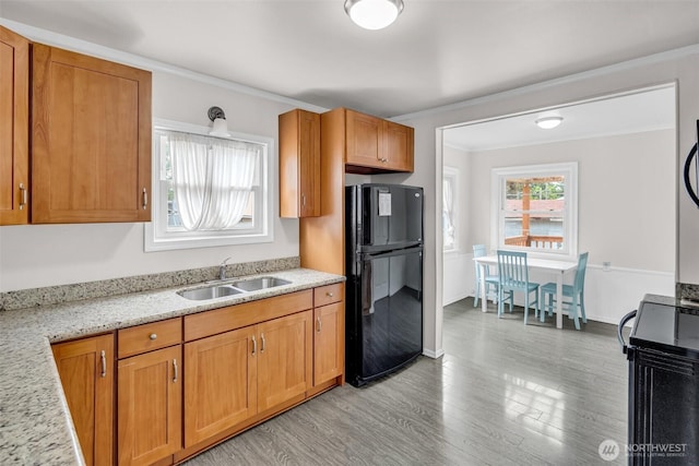 411 7th St SE, Auburn, WA 98002 - kitchen with freestanding refrigerator, a sink, light wood-style flooring, stainless steel electric stove, and brown cabinetry