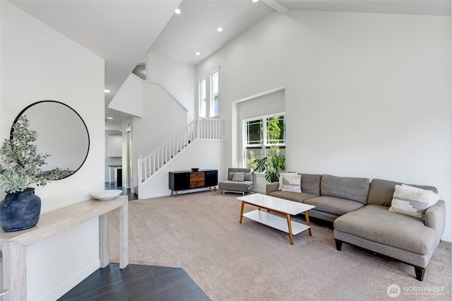 4844 Bridgeport Pl, Mukilteo, WA 98285 - living area featuring high vaulted ceiling, stairs, dark carpet, beamed ceiling, and baseboards