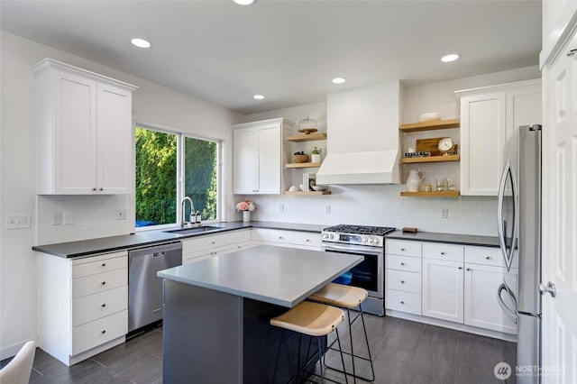 4844 Bridgeport Pl, Mukilteo, WA 98285 - kitchen with stainless steel appliances, open shelves, a sink, premium range hood, and a kitchen island
