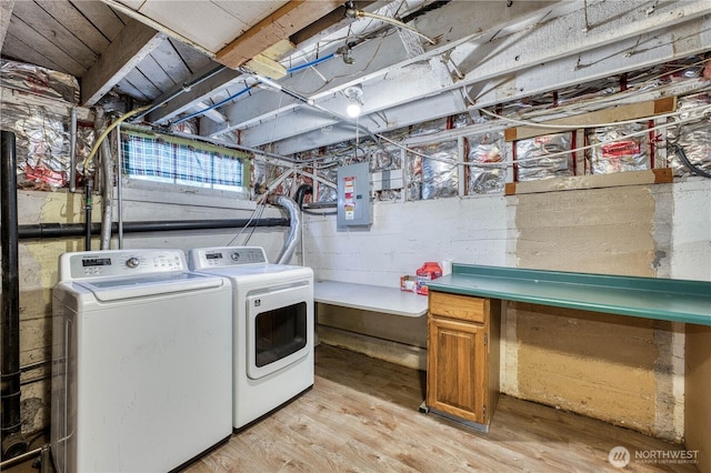 2150 N Callow Ave, Bremerton, WA 98312 - laundry room featuring separate washer and dryer, electric panel, light wood-style floors, and cabinet space