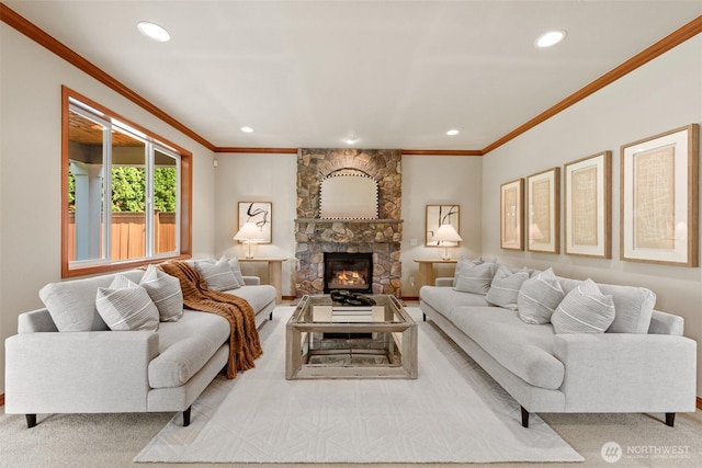 4105 215th St SE, Bothell, WA 98021 - living room with crown molding, recessed lighting, a fireplace, and carpet floors